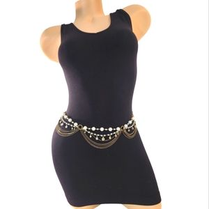 BELT VICTORIAN AGED BRASS FAUX PEARLS & RHYNSTONE LAYERED CHAIN BELT